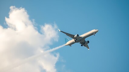 Fototapeta premium Airplane climbing into a clear blue sky, leaving white contrails against a backdrop of soft clouds.