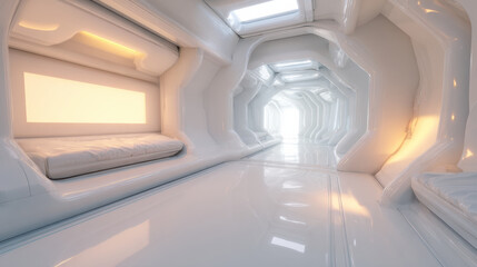 Obraz premium Futuristic white corridor with soft lighting and cushioned seating