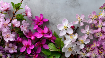 Naklejka premium Pink and white spring flowers with green leaves on gray background