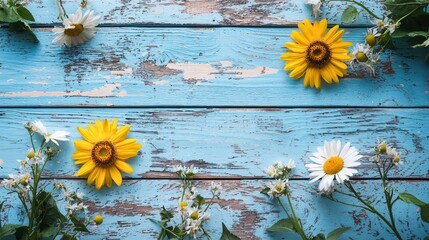A blue wooden table with yellow and white flowers on it.