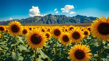Fototapeta premium Sunflowers bloom in a field against a backdrop of mountains and blue sky, creating a picturesque summer landscape