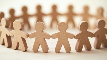 A group of wooden figures in a circular formation, standing on a light-colored surface with a blurred background.