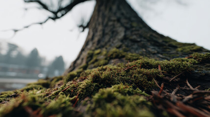 Moss growing on tree bark with blurred background in natural light