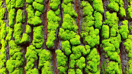 Bright green moss growing on rough tree bark in nature