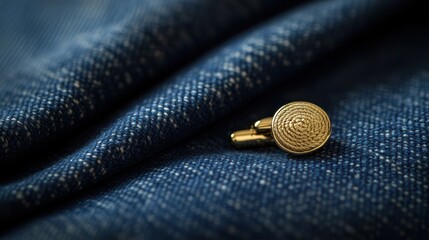 A close-up of a gold cufflink resting on a textured blue fabric, showcasing elegance and detail in modern fashion accessories.