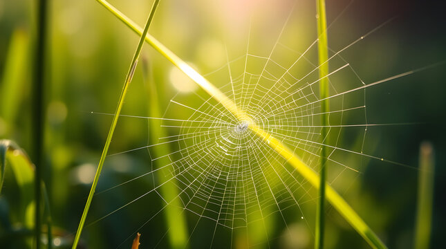 Spider web glistening in golden sunlight on green grass blades - Powered by Adobe