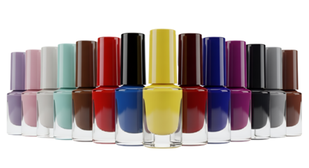 Colorful Nail Polish Bottles in Row on Transparent Background
