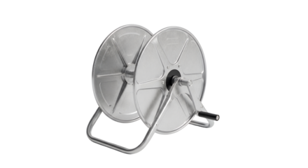 Silver Garden Hose Reel on Transparent Background, Industrial Design, Modern Metal