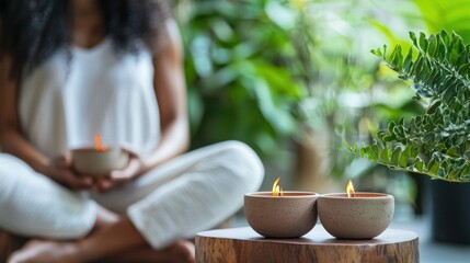 A woman in a white outfit sitting cross-legged on a wooden stool in a lush green garden, holding a lit candle in each hand.