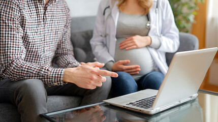 Pregnant couple planning for baby using laptop and tablet