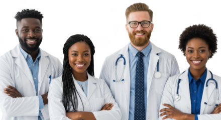 A diverse group of four smiling medical professionals, two men and two women, wearing white lab coats and stethoscopes, isolated on transparent background