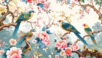 Intricate chinoiserie wallpaper depicting colorful birds perched on elegant tree branches, adorned with golden accents and delicate floral patterns