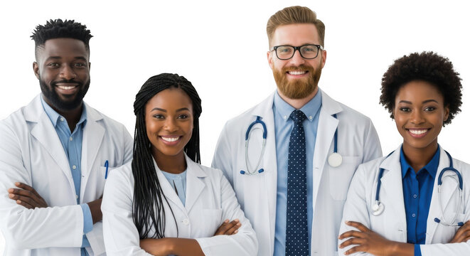 A diverse group of four smiling medical professionals, two men and two women, wearing white lab coats and stethoscopes, isolated on transparent background