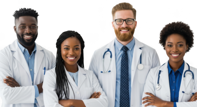 A diverse group of four smiling medical professionals, two men and two women, wearing white lab coats and stethoscopes, isolated on transparent background