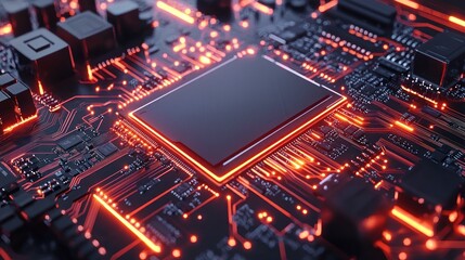Fototapeta premium Advanced Mobile Microprocessor Chip Connecting with a Motherboard and Activates entire System. Technology Background. Energy Pulse Expanding after CPU Connected to Socket. 3d rendering