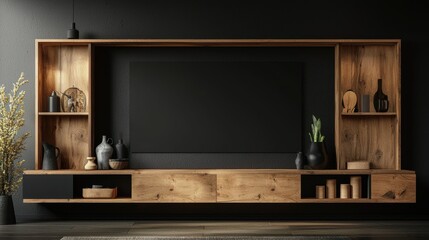 Modern wooden TV shelf with items and empty black mock up banner on dark wall background. Interior design and living room with place for advertisement concept. 3D Rendering