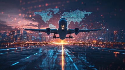 Technology digital future of commercial air transport concept, Airplane taking off from airport runway on city skyline and world map background with copy space, Moving by speed motion blur effect