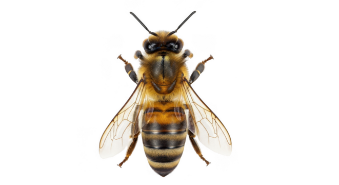 Closeup top view of a honeybee isolated on transparent background, showcasing intricate details of its body, wings, and antennae