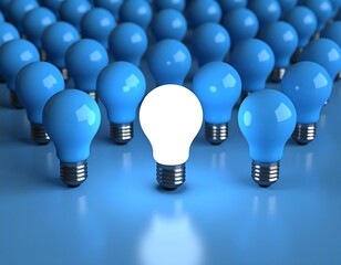 A bright white lightbulb stands out among many dimmer blue ones on a blue surface