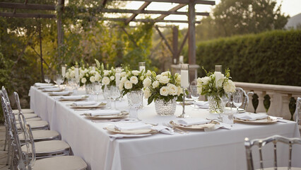 summer outdoor dining table decorated for a wedding.ai 