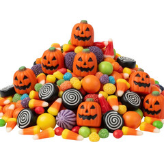 A large pile of assorted halloween candies including pumpkinshaped gummies and swirl lollipops, isolated on a transparent background