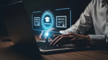 Man holding digital certificate icon with graduation cap, symbolizing online learning achievement. Concept of e-learning, remote education, and professional certification system. - Powered by Adobe