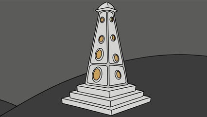 Illustration of a white obelisk tower with gold accents on a dark gray landscape background design art