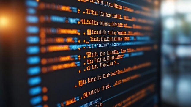 Computer screen displays lines of code in orange and blue with bokeh background.