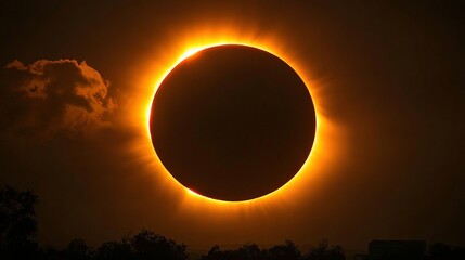 Solar eclipse with bright corona visible against a dark sky and clouds.