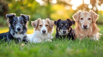 Four dogs of different breeds sitting on a grassy field with a blurred background of trees and sunlight.