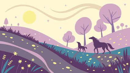Horse landscape vector art illustration with mother and foal in nature scenic background for design projects