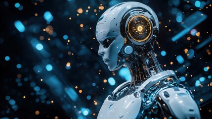 Fototapeta premium A futuristic robot with a sleek, metallic body and glowing eyes, standing in a dark, industrial setting with glowing lights and a blue and black color scheme.