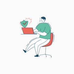 Man Sitting on a Chair Using a Laptop with a Checkmark Inside a Shield