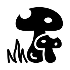A Pair of Mushrooms Sprouting from the Earth. Glyph icon of two mushrooms growing in the grass. A large mushroom stands beside a smaller one, representing nature, wilderness, and fungi.