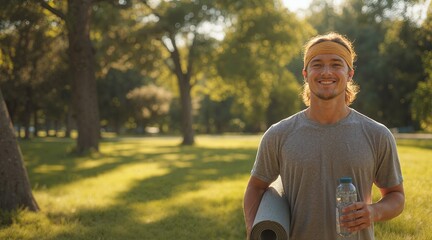 Smiling man in park with yoga mat and water bottle, ready for exercise. Enjoying nature and wellness with fitness in the sunlight.