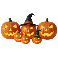 A group of carved halloween pumpkins, also known as jack o lanterns, with glowing lights inside and wearing witch hats, isolated on transparent background