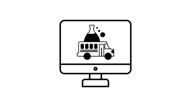 4K Animated Stylized Desktop Monitor with Cartoon Science Design Featuring Bus & Erlenmeyer Flask.