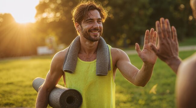 Active man giving a high five in a park while holding a yoga mat, enjoying the outdoors and fitness. Sunlight filters through trees.