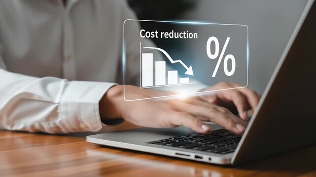 Cost reduction business finance concept, budget management and cost management. Businessman show Cost reduction graph with down arrow on virtual screen.