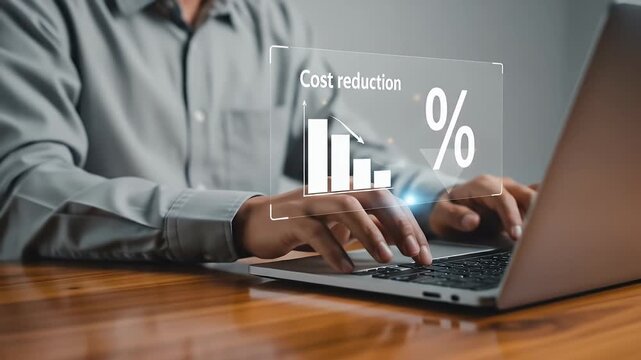 Cost reduction business finance concept, budget management and cost management. Businessman show Cost reduction graph with down arrow on virtual screen.