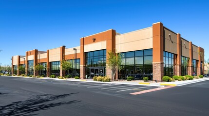 A modern office building with a clear blue sky in the background.