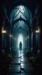 A hooded figure stands at the end of a long, dark, stone corridor, arched over by leafless trees and lit by dim lamps
