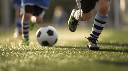 Children playing soccer on a field, focusing on the ball and their feet, showcasing movement and a joyful outdoor activity.