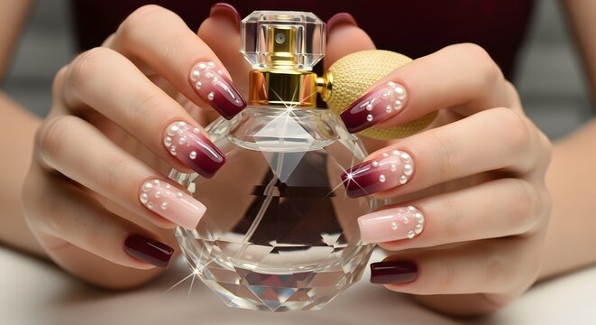Elegance in Hand: Close-Up of Manicured Nails and Perfume Bottle, Showcasing Beauty and Luxury, Perfect for Cosmetic Ad Campaigns.