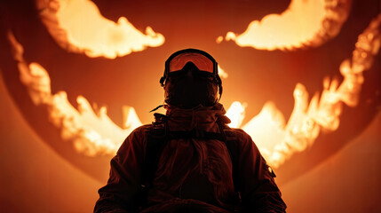 A mysterious figure silhouetted against a backdrop of flames creating a creepy face