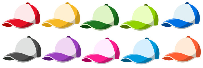 Collection of baseball cap in different colors isolated on white background. Set of baseball hat in many colors. Baseball caps in PNG format. Suitable elements for fashion and accessories.