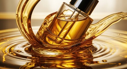 Golden liquid spills around a glass bottle