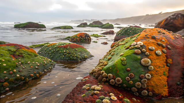 Rocky beach landscape photography mossy rocks tide pools ocean view coastal scenery california coast travel - Powered by Adobe
