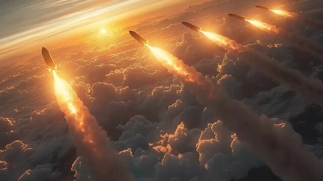 view of several ballistic missiles in the sky footage