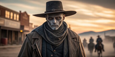 Naklejka premium Mysterious figure stands in dusty ghost town at sunset with haunting presence and history
